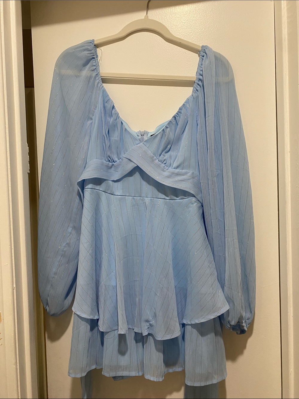 Women's Light Blue Long-Sleeve Peplum Dress